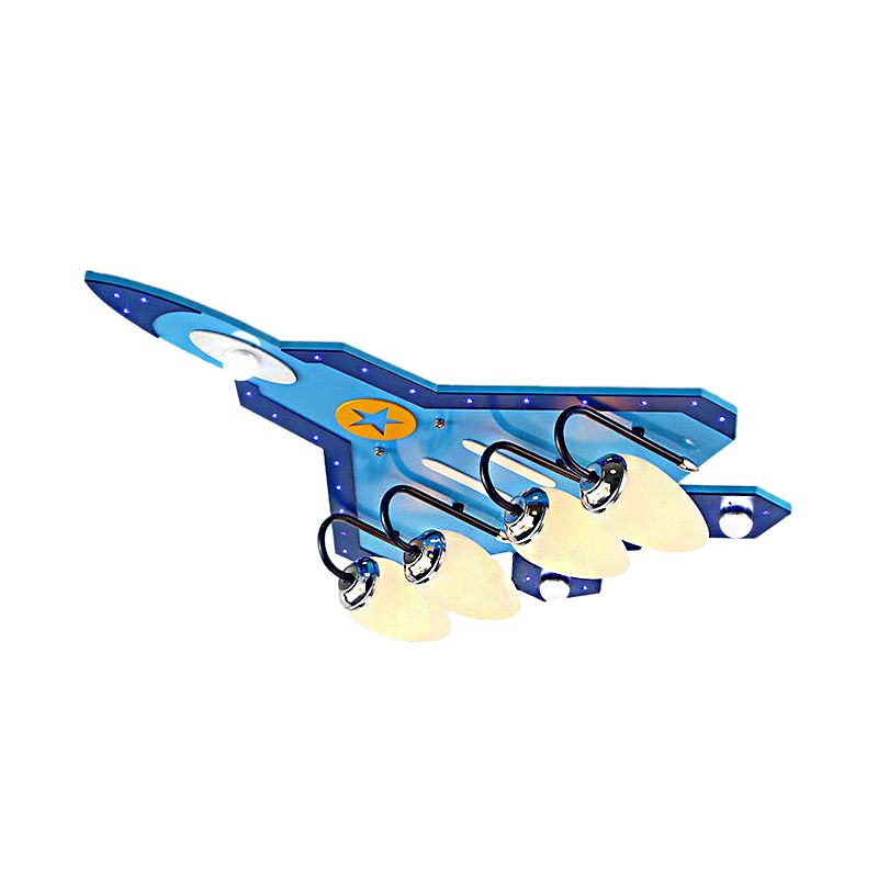 Kid Bedroom Fighter Plane Flush Mount Ceiling Light Metal 4 Bulbs Cartoon Blue Ceiling Light