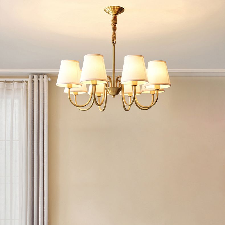 Brass Barrel Chandelier Light American Style Multi-Head Suspension Lamp with Fabric Shade