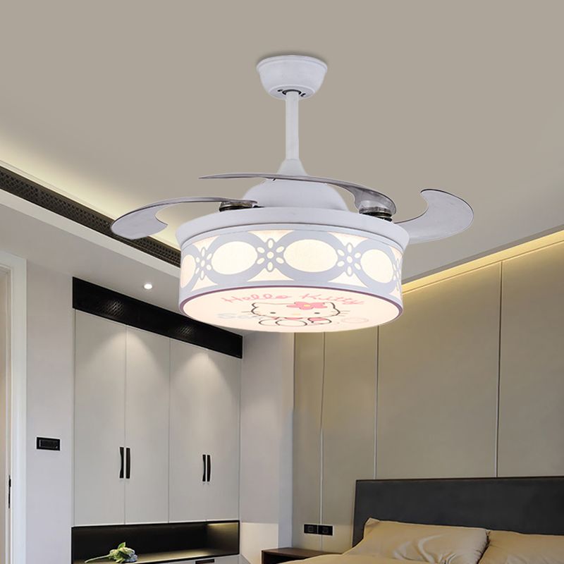 4 Blades Drum Semi Flush Mount Lamp Kids Metal Bedroom 36" W LED Hanging Pendant Fan Light in White/Pink with Cartoon Cat Pattern, Remote/Wall and Remote Control