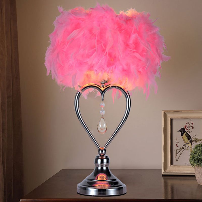 Dome/Tapered Shade Table Light Modern Feather Single Black/Pink/Cream Night Stand Lamp with Teardrop/Curved Rod/Tripod Base