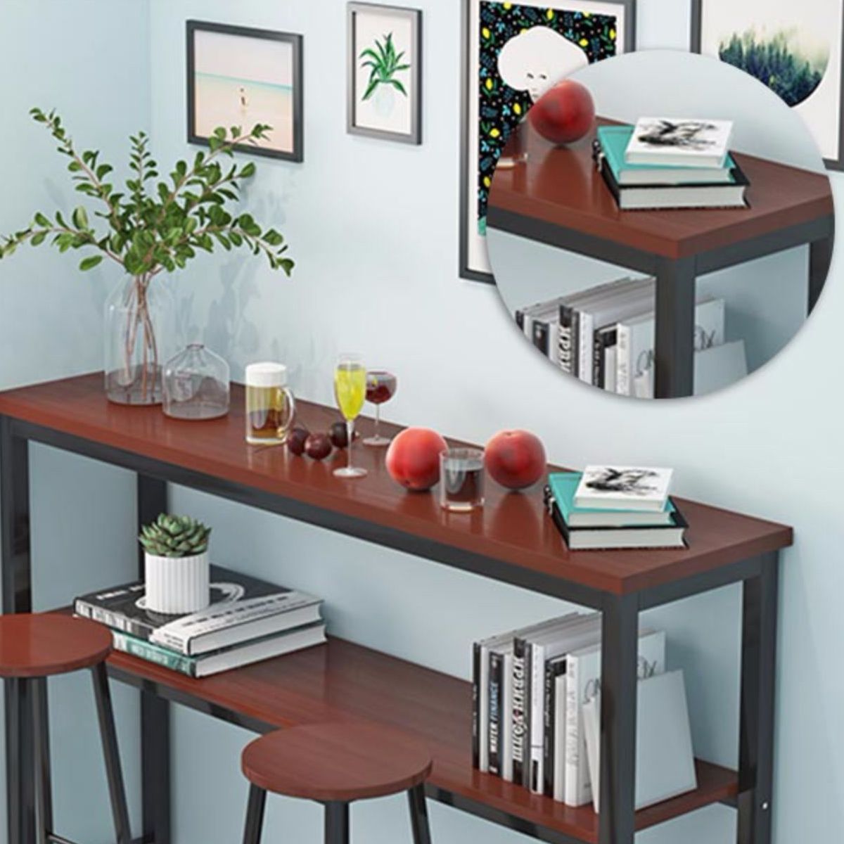 Modern Style Rectangle Bar Table Wood Table Metal Base for Dining Room