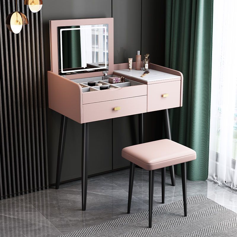 Flip Single Marble Vanity with Padded Stool Lighted Mirror Vanity Desk