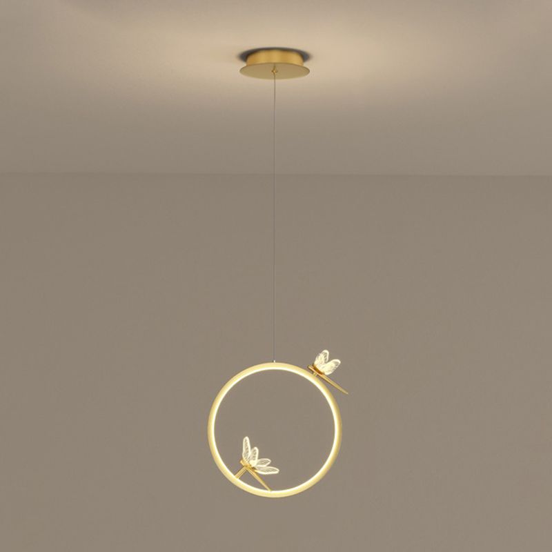 Metal Circle Hanging Pendant Light Modern LED Pendant Ceiling Light with Dragonfly Decor
