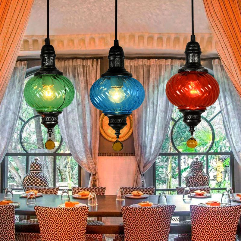 1 Light Pendant Lighting Moroccan Oval Red/Blue/Green Textured Glass Hanging Ceiling Light for Restaurant