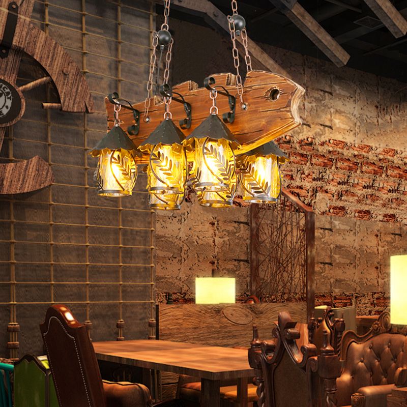 6 luces Lámpara de la isla Fábrica de tela blanca en forma de pescado/lámpara colgante de vidrio transparente en negro para comedor con brazo de metal