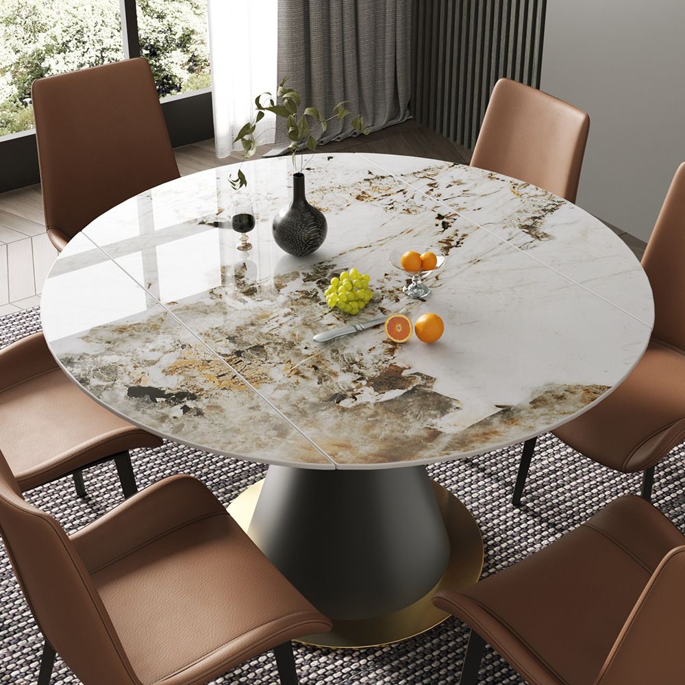 Mesa de comedor de lujo tradicional mesa de pedestal de piedra sinterizada con base de metal