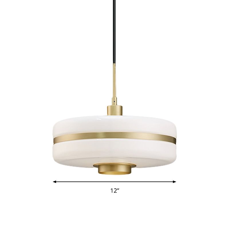 White Glass Drum Pendant Ceiling Light Modern 1 Light Gold Suspension Light for Living Room