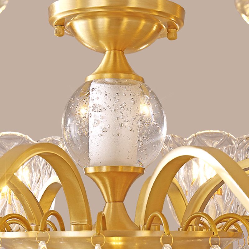 European Style Chandelier Brass Flower Shape Hanging Light with Crystal for Bedroom