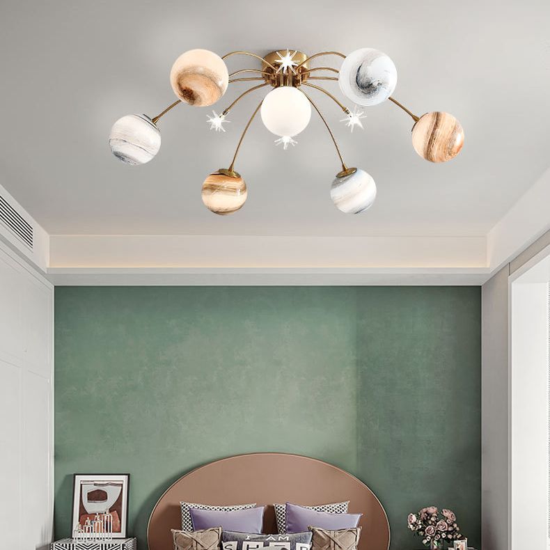 13- Light LED Flush Mount in Modern Unique Style Radial Metal Ceiling Light with Chromatic Planet Glass Shade