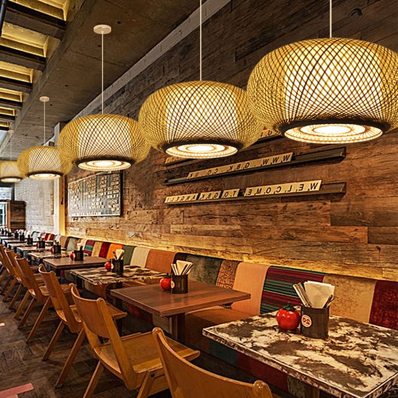 Asia Drum Pendant Light 1-Light Beige Hanging Ceiling Light for Dining Room