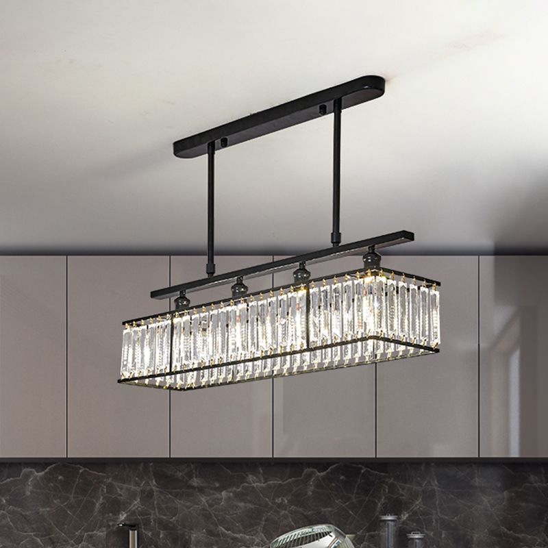 Simplicity 4 Heads Island Light Champagne/Black Rectangle Suspension Lighting with Crystal Prisms Shade