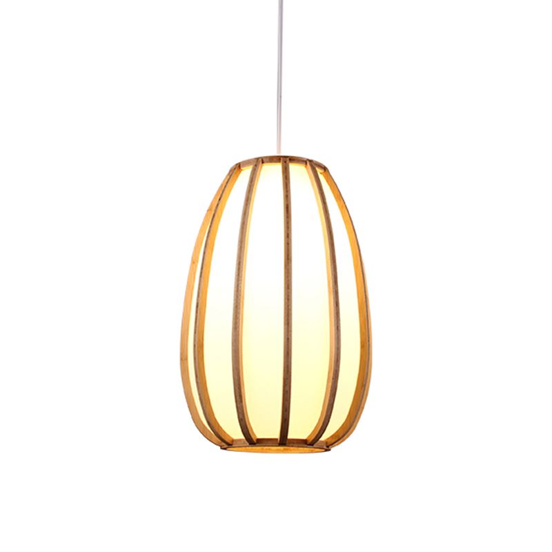 Beige Teardrop Hanging Light Asian 1 Bulb Wood Pendant Lighting Fixture for Dining Room