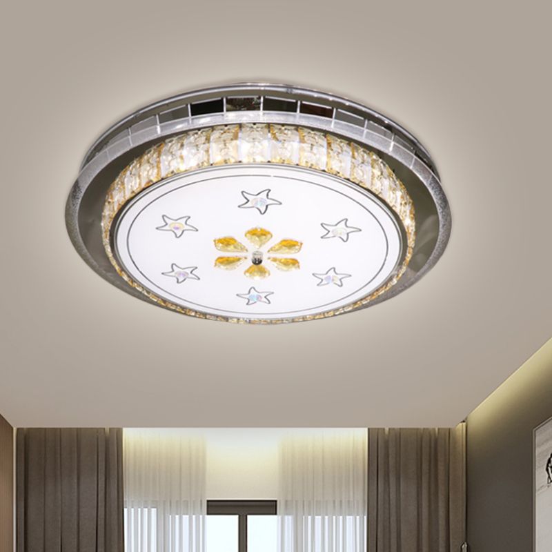 Modern Circular Ceiling Mount Clear Faceted Crystal Blocks LED Flush Light Fixture in Stainless-Steel