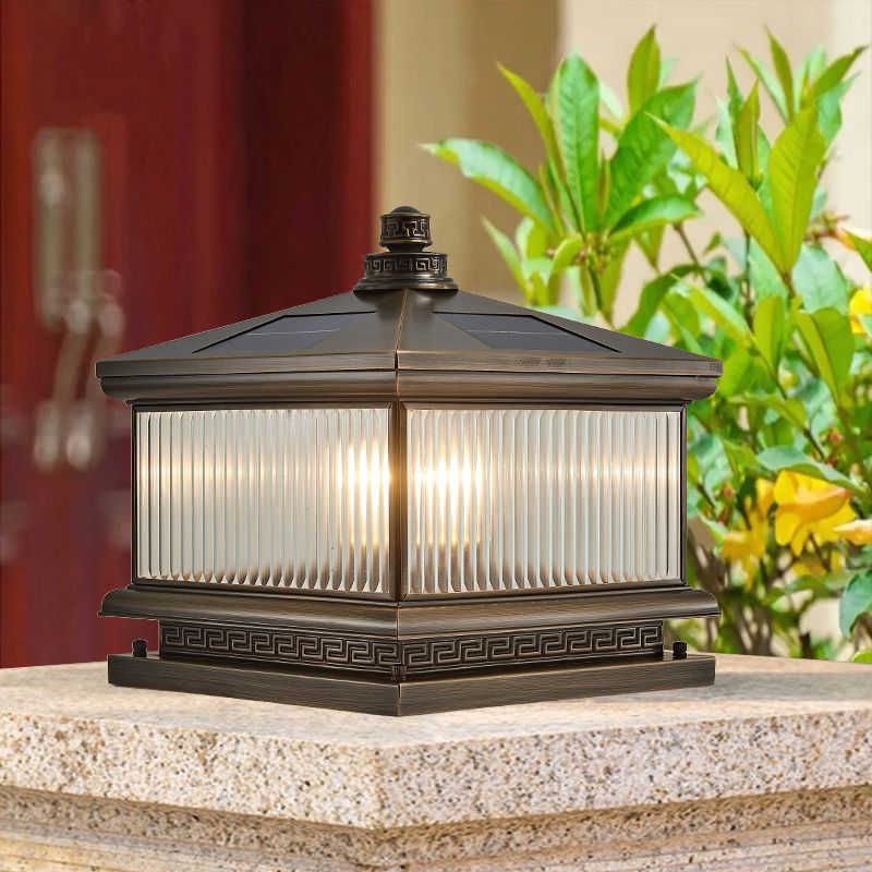 Rectangle Shape Metal Outdoor Light Modern Style 1 Light Solar Pillar Lights in Bronze