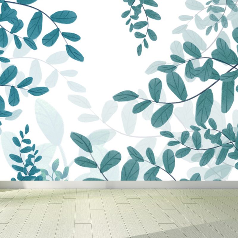 Tropical Leaves Pattern Wall Mural Non-Woven Stain Resistant White Wall Art for Bedroom