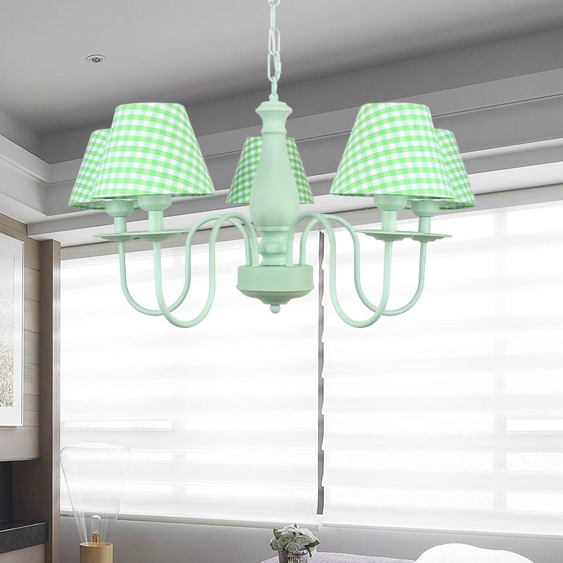 Macaron Loft Plaid Shade Chandelier Metal 4 Lights Green Hanging Light for Nursing Room