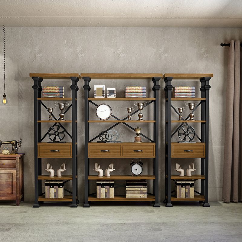 Open Back Standard Bookcase Industrial Wooden Bookshelf with Drawers