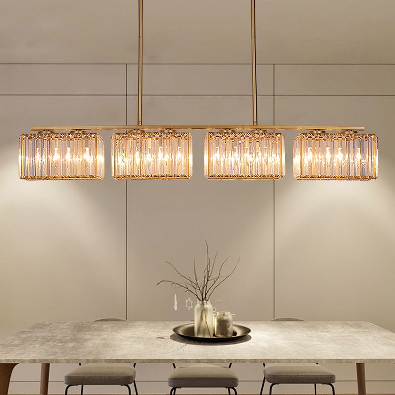 Gold 4/6/8 Bulbs Pendant Lighting Contemporary Metal Linear Island Lamp with Clear Cuboid Crystal Shade for Dinning Room