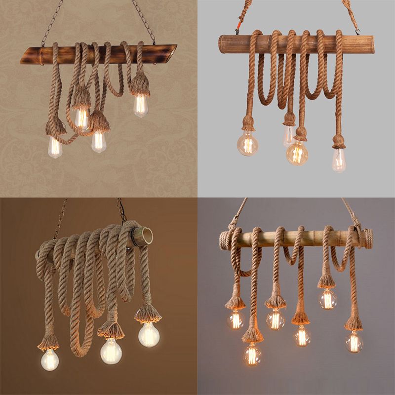 Country Rope Rope Island Light 3/4/6-Light Bamboo Island Pendant Light avec une ampoule nue en beige