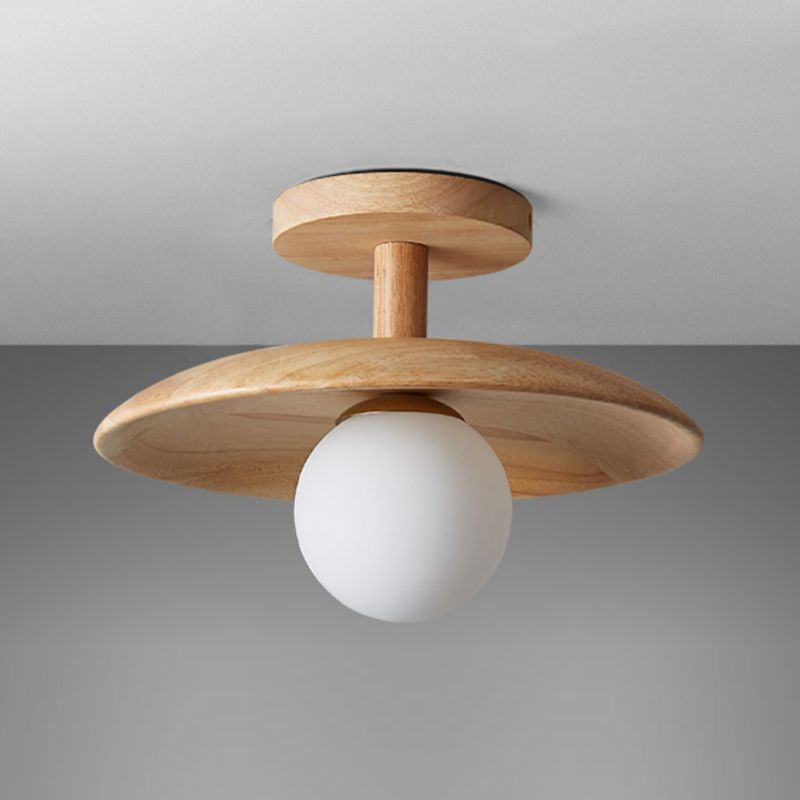 1-Light Ceiling Light Wooden Ceiling Mount Light with Glass Shade for Bedroom