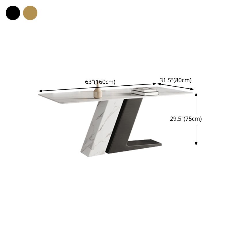 Table à manger rectangulaire en pierre frittée de luxe, blanche, avec base à double piédestal