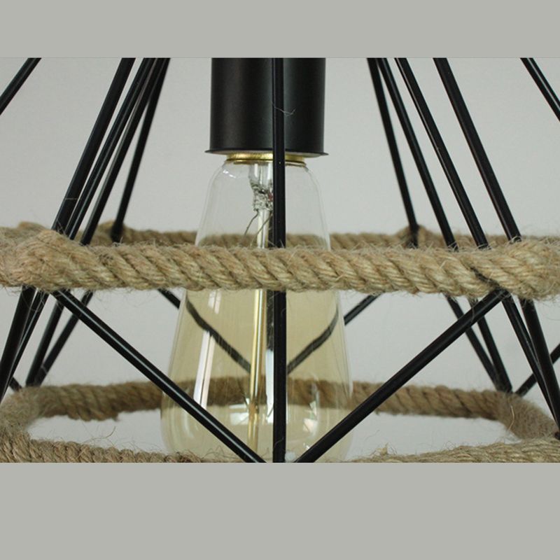 Luz de la isla de cuerda de cáñamo vintage con sombra de hierro de 3 luces restaurantes lámpara de suspensión