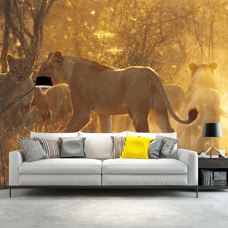 Custom Photography Modern Mural Decal with Lions in Sunset Forest Pattern in Brown