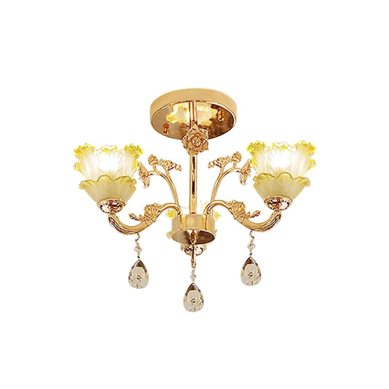 3-Light Semi Flush Mount Light Classic Dining Room Ceiling Lighting with Lotus Crystal Shade in Gold