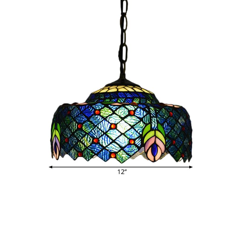 Blue and Green Drum Hanging Lamp Kit Tiffany 1-Light Hand Cut Glass Ceiling Light with Peacock Tail Pattern