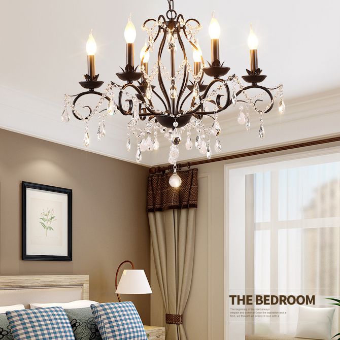 Contemporary Metal Curved Arm Hanging Chandelier Light Black Candle Bedroom Suspension Light with Crystal