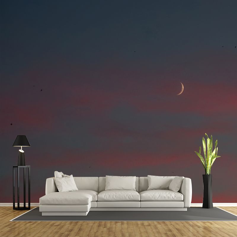 Big Dusk New Moon Mural Blue-Yellow Non-Woven Fabric Wall Art, Stain Resistant, Custom Made