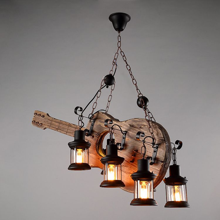 Guitar Chandelier Lighting Rustic Style Wooden Cafe Bar Pendant Light with Glass Kerosene Lantern