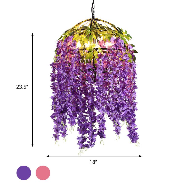 Pink/Purple 4/5 Heads Pendant Chandelier Industrial Metal Dome Hanging Lamp Kit with Plant Design, 18"/21.5" Wide
