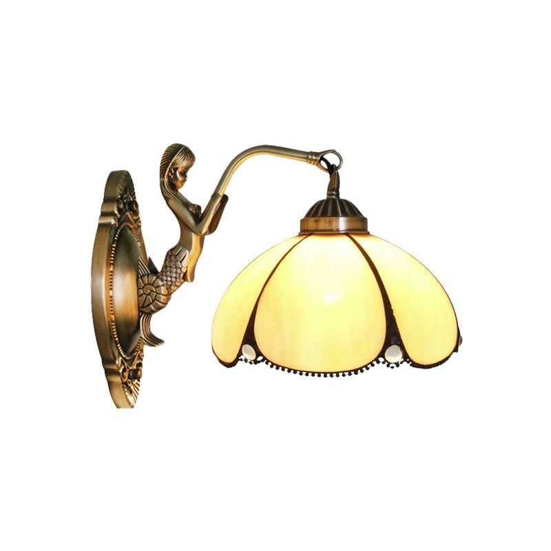 Flower Wall Lighting Fixture Mediterranean Beige Glass 1/2-Light Bronze Wall Light Sconce with Mermaid Arm for Bathroom