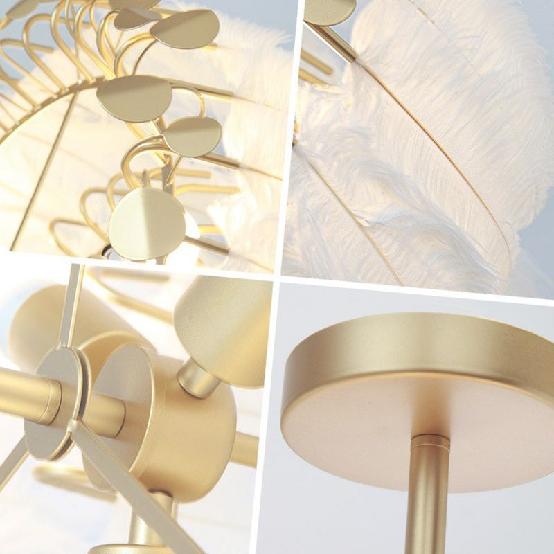 Round Chandelier Light Nordic Style Feather Nursery Pendant Light Fixture in Gold