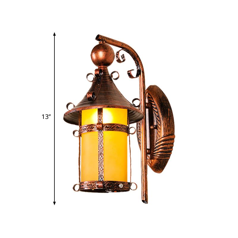 Huisgang muur verlichting bakje geel glas 1 licht vintage wand gemonteerd licht met gebogen arm bij verweerd koper