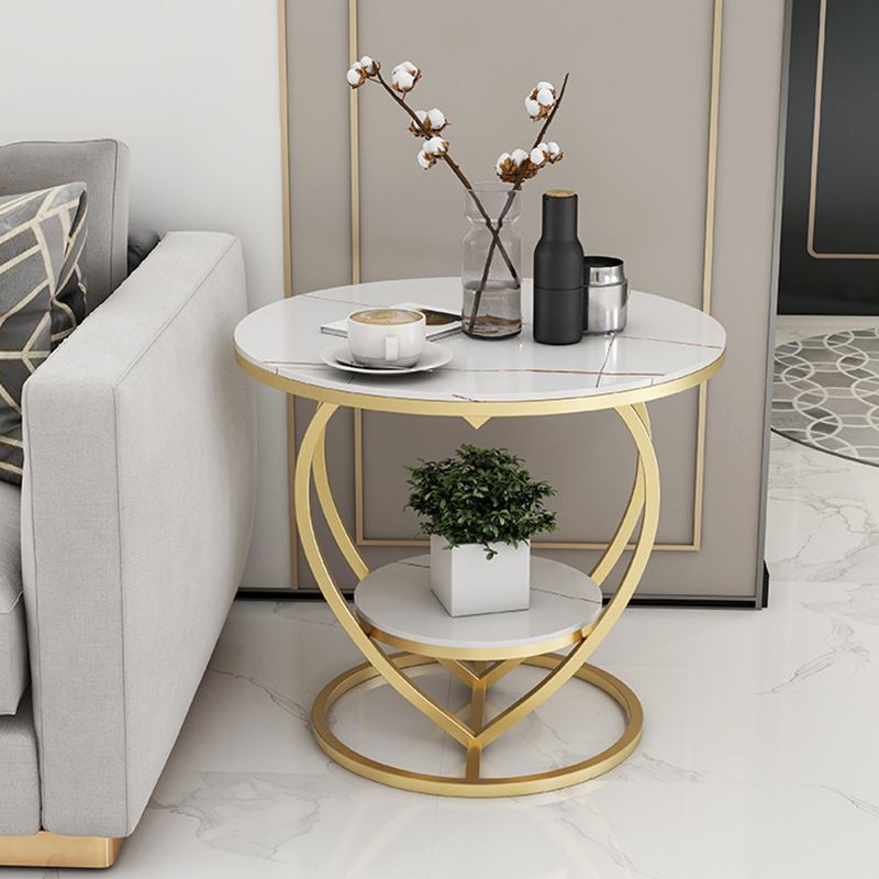 Luxury Marble Round Accent Side Table Abstract Metal Frame End Table with Shelf
