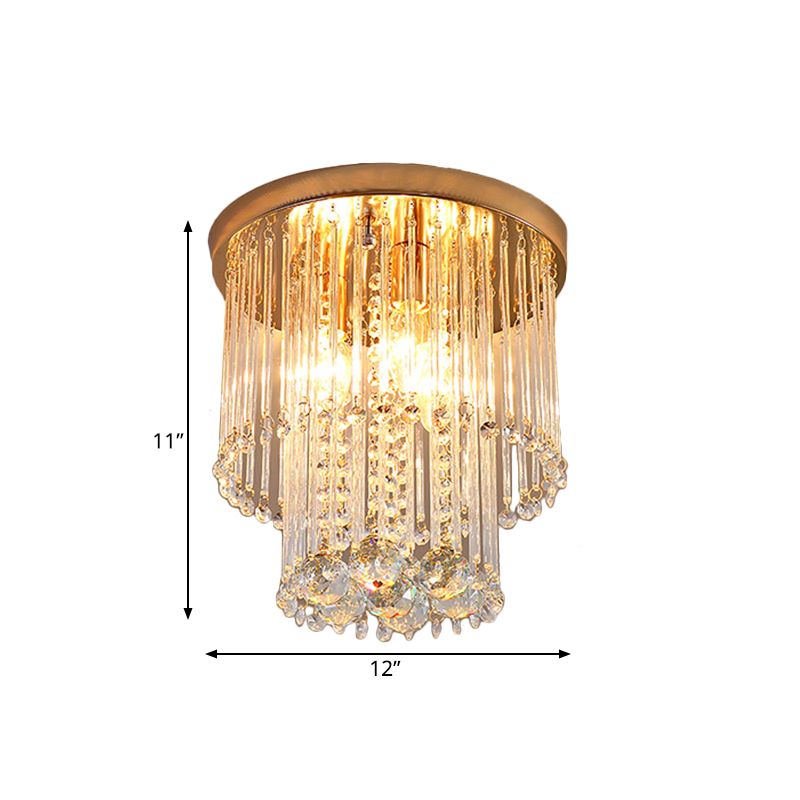 2 Bulbs Flush Mount Minimalist 2-Layered Cylinder Clear Crystal Ceiling Light Fixture in Gold