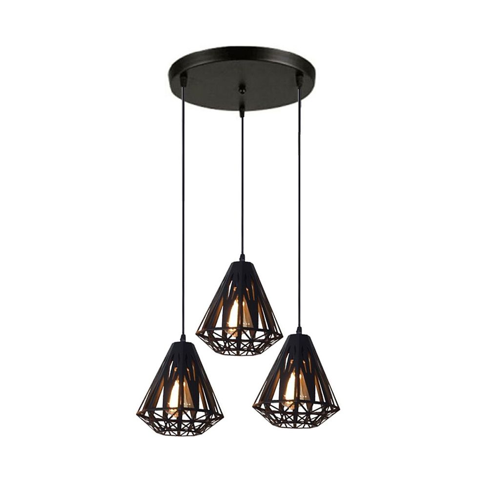 Loft Stylish Wire Cage Suspension Light 3 Heads Metal Ceiling Fixture with Diamond Shade in Black/White