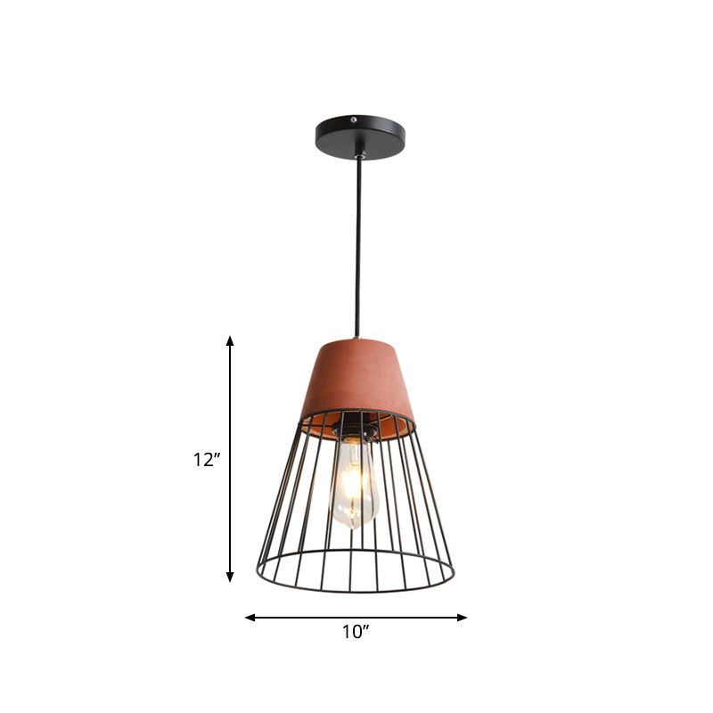 1 Light Suspension Lamp Loft Bedside Pendant Lighting with Cone/Tube Iron Cage and Cement Top in Grey/Red