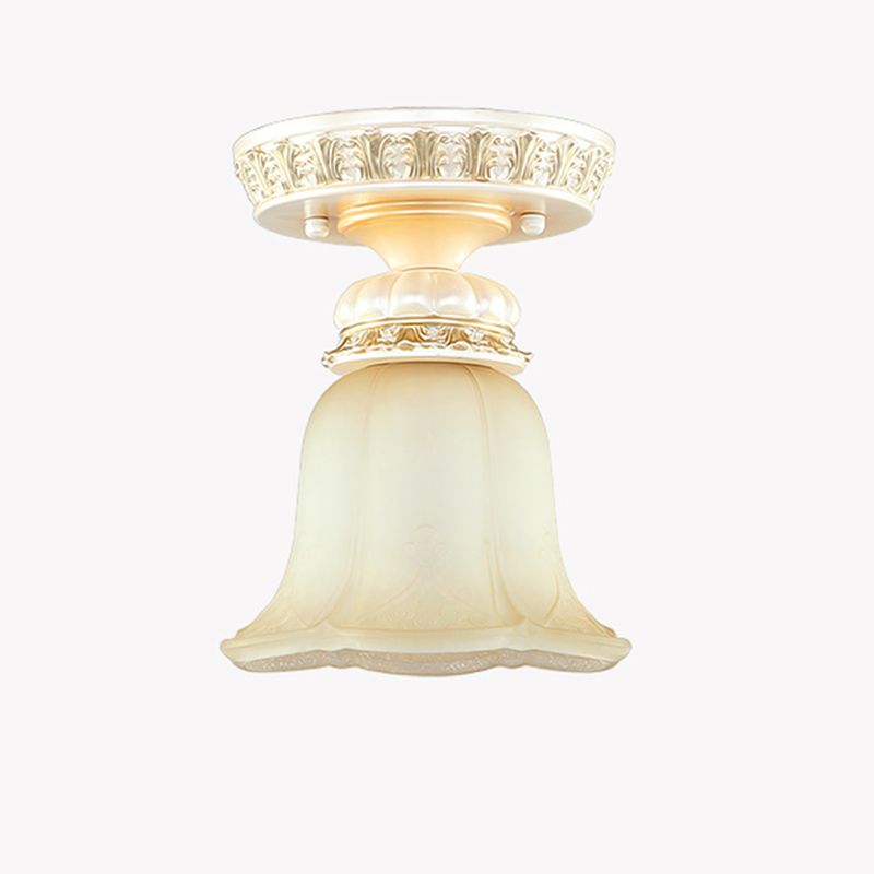 Bloom Shape Hallway Ceiling Lamp Cottage Fluted Cream Glass 1 Light Beige Flush Mount Light Fixture