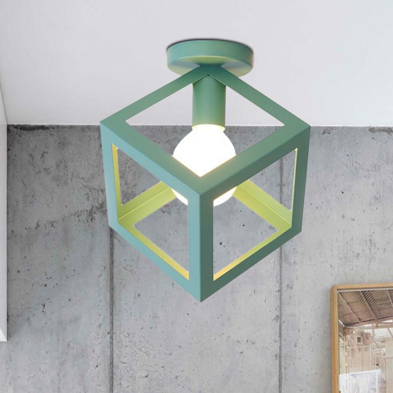 1 Light Squared Ceiling Mounted Light with Wire Guard Loft Style Black/Gray Metallic Semi-Flush Lighting for Bedroom