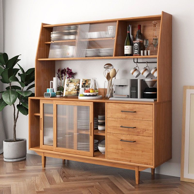 Pine Wood Buffet Table 3 Drawer 4 Glass Doors Simple Style Cupboard for Kitchen