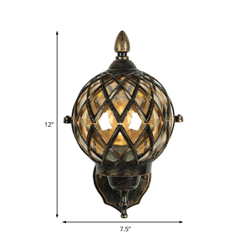 1 Light Amber Glass Wall Sconce Light Industrial Black Globe Dining Room Lighting Fixture with Cage