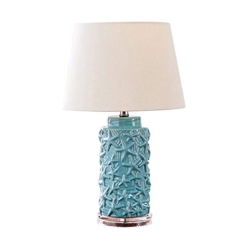 Blue Barrel Shade Desk Light Traditional Fabric 1 Light Study Room Nightstand Lamp for Bedroom