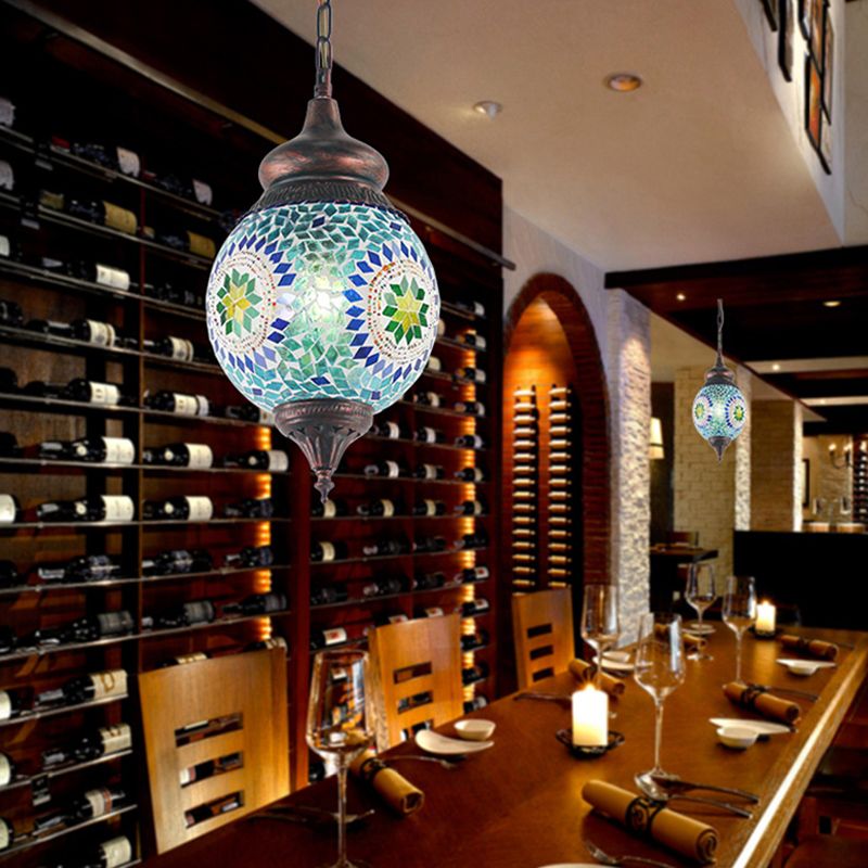 1 Light Spherical Pendant Light Fixture Moroccan Blue Metal Hanging Lamp Kit for Dining Room