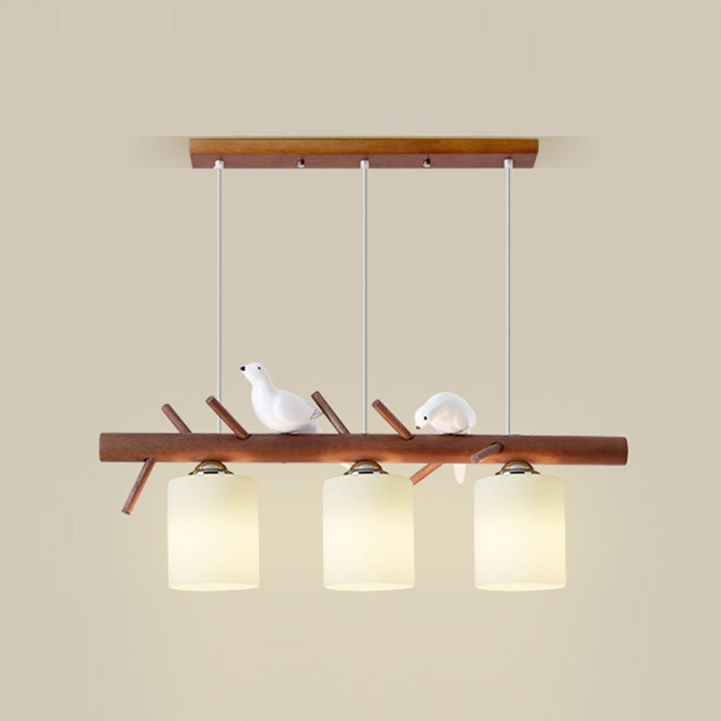 Modern Wood Pendant Light Cylinder Shape Island Light with Glass Shade for Bedroom