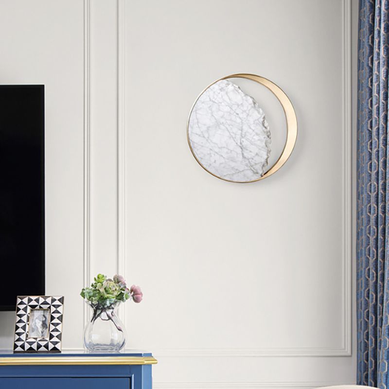 Round Wall Sconce Light Modern Marble and Acrylic White LED Wall Light for Bedroom