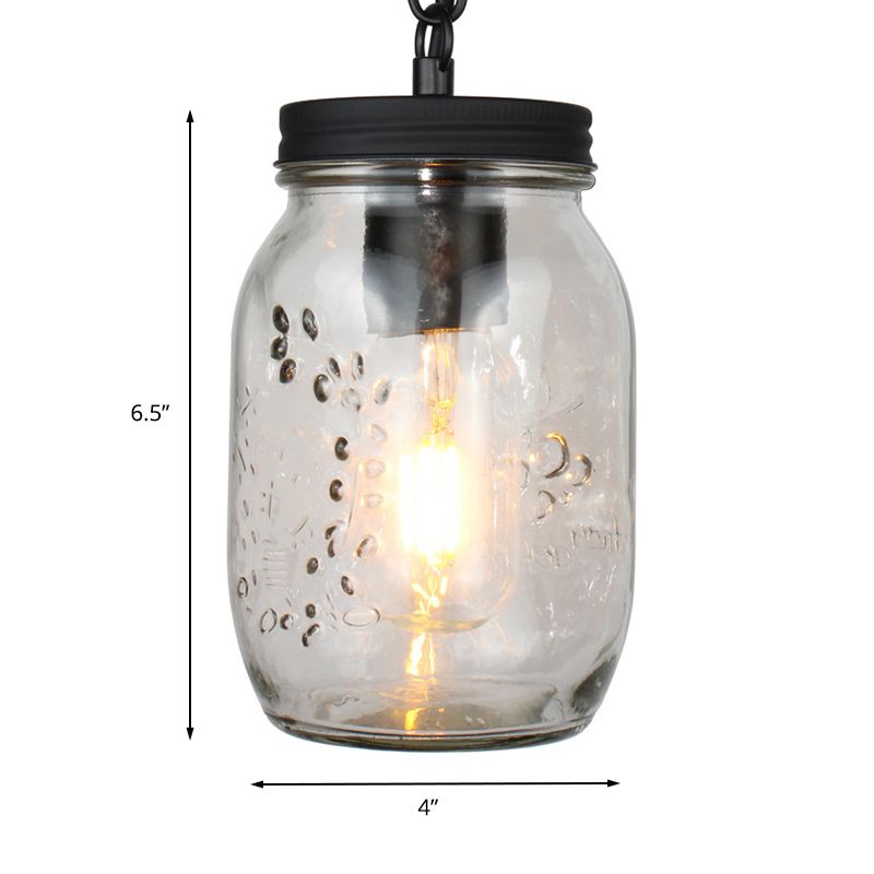 Modern Mason Jar Hanging Ceiling Light 1 Light Clear Glass Pendant Lighting in Black