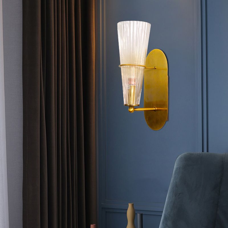 Illuminazione da parete cono interno in vetro a coste trasparente singola luce secolo medio secolo illuminazione sconce in ottone